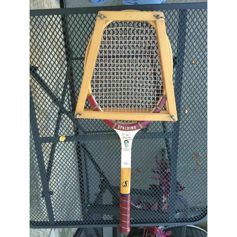 Spalding Pancho Gonzales Tennis Racquet Wood Leather Vintage Mid Century Japan